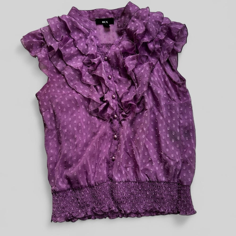 BCX Purple Polla Dot Ruffle Blouse with Built-In Tank Top, M